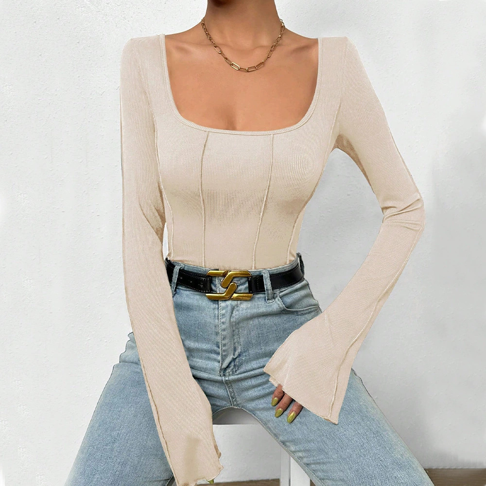 ZARA Spring Summer Sexy Fitted Square Neck Flared Sleeve Backless Bodysuit